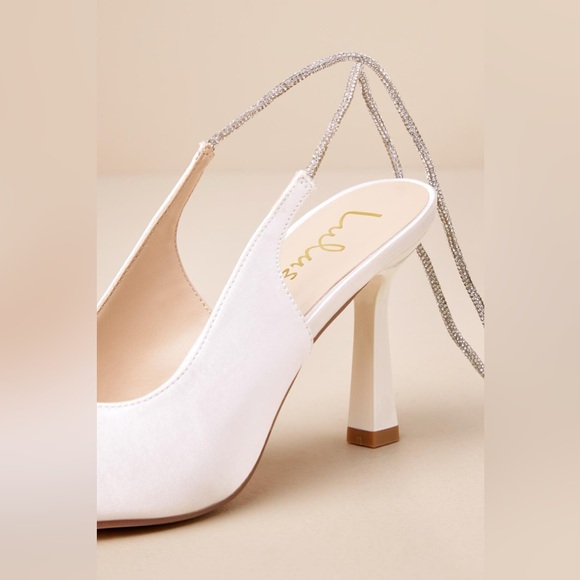 Lulus Finnian White Satin Rhinestone Lace-Up Pointed-Toe Pumps - Picture 2 of 9